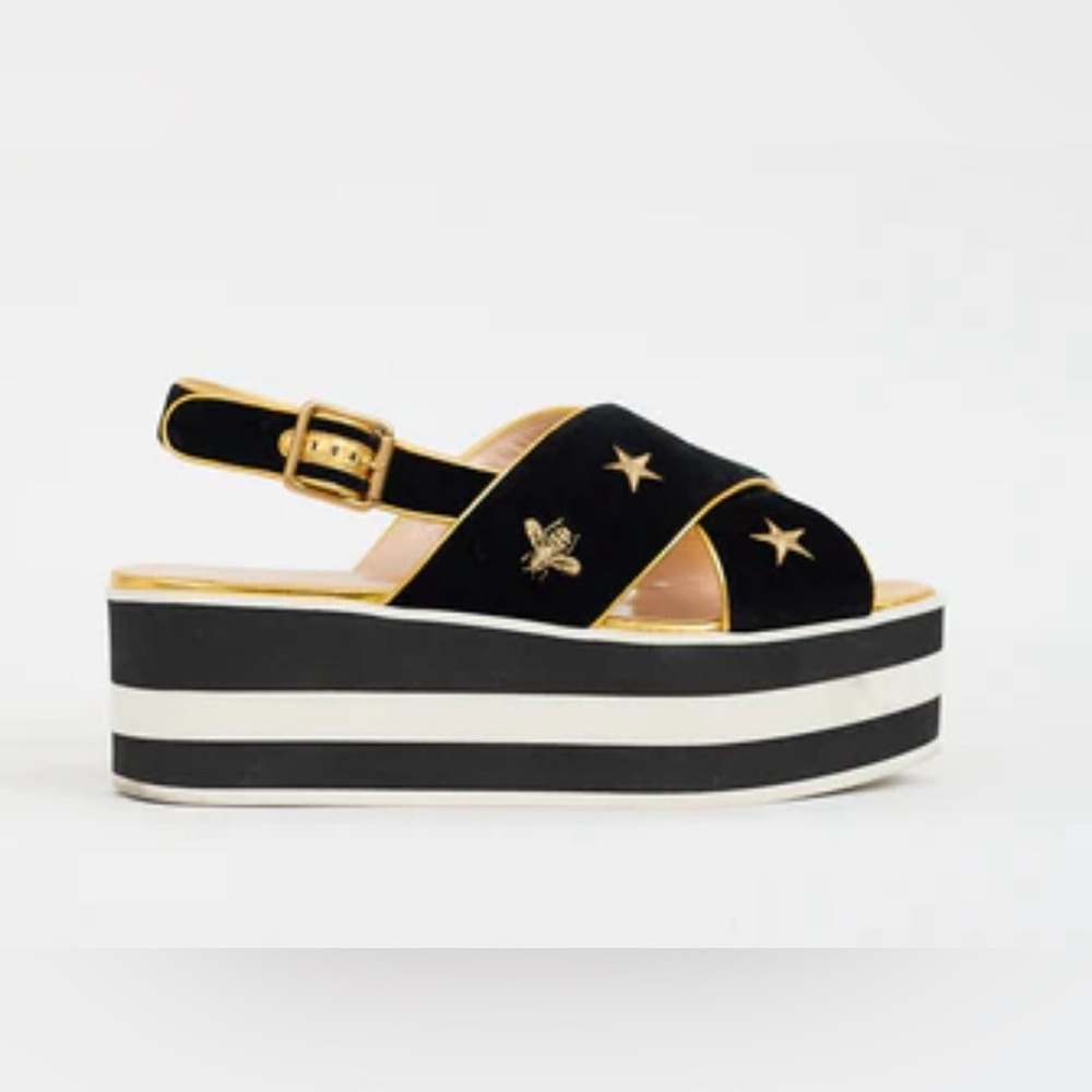 Gucci Bee Embroidered Criss Cross Platform Sandals Black Size 37 1/2